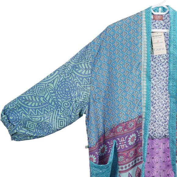NWT GURU FOR LIFE Kimono Robe O/S Upcycled Saris Silk Mixed Print Pockets - Picture 4 of 14